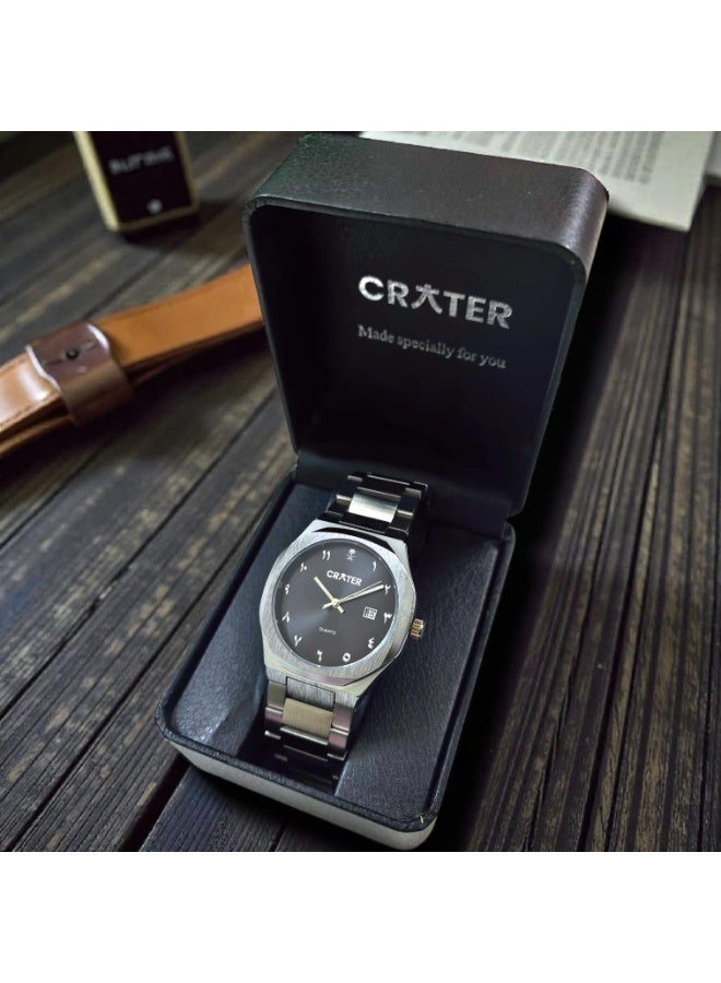 كريتر  ساعة كريتر (CRATER) للرجال – تصميم ملكي فاخر من الستانلس ستيل، مينا كلاسيكي مع عرض التاريخ، مقاومة للماء – تشمل علبة الماركة (فضي /أسود ). - Image 4